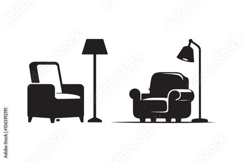 Modern living room furniture set with two armchairs and floor lamps