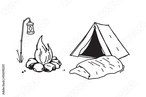 Simple black and white illustration of camping gear with a campfire and tent