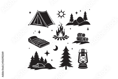 Black silhouette camping icons featuring tents campfire trees lantern and moon