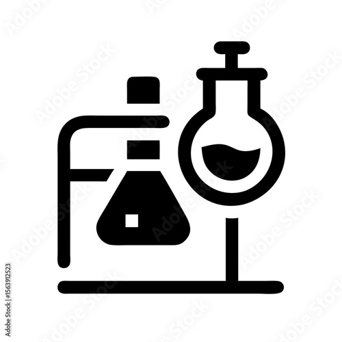 Science experiment setup with erlenmeyer flask and round bottom flask.  Experiment includes glassware on a stand.  Detailed science experiment setup for educational posters.