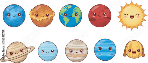 Cute cartoon planets and the sun, with kawaii faces.