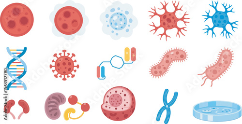 Microscopic cellular structures, DNA, viruses, and bacteria illustrations.