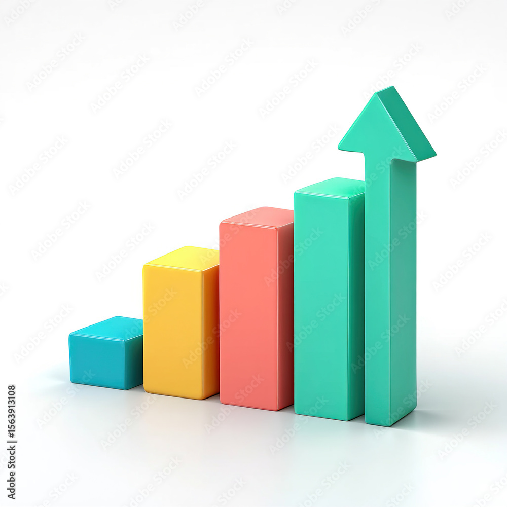 Colorful Bar Graph Displaying Progressive Growth with an Ascending Arrow, Ideal for Illustrating Business Success and Positive Financial Performance on White Colorful Bar Graph Displaying Progressive Growth with an Ascending Arrow, Ideal for Illustrating Business Success and Positive Financial Performance on White