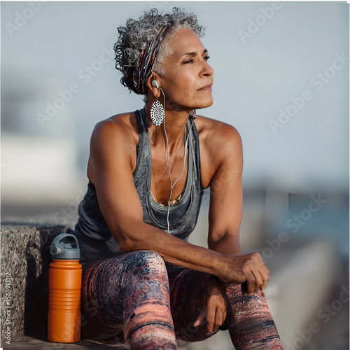 Professional photo of a multiracial mature woman relaxing after exercising. Healthy lifestyle