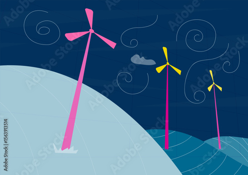 windmills on hills  flat vector  illustration