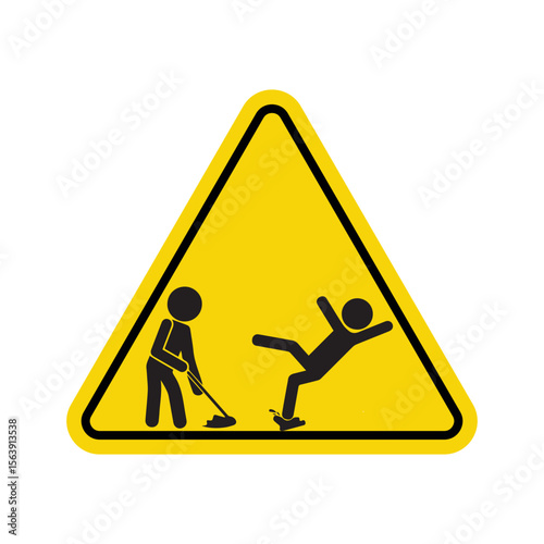 Slippery Floor Hazard Warning Sign with Person Mopping and Falling in Yellow Triangle