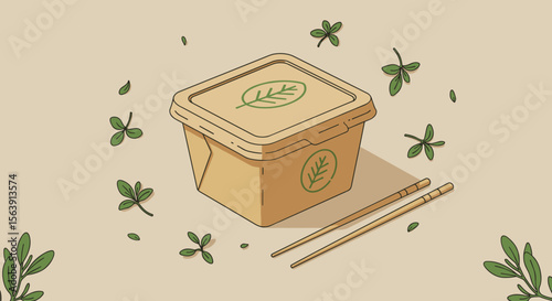 Eco-friendly takeout food container with chopsticks and leaf design, illustrated in a minimalist style against a beige background, 