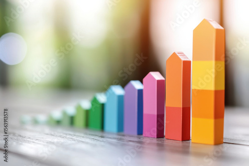 Colorful bar graph representing growth and progress business plan, showcasing various revenue levels and competitive analysis