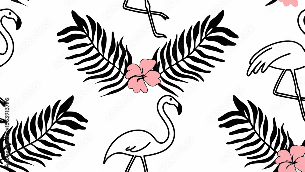 Fototapeta premium Tropical vintage pink flamingo, pink hibiscus, palm leaves floral seamless pattern grey background. Exotic jungle wallpaper. 