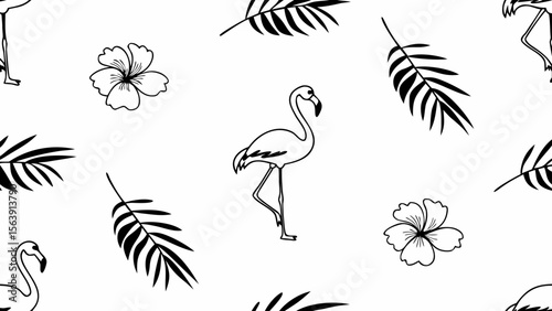 Tropical vintage pink flamingo, pink hibiscus, palm leaves floral seamless pattern grey background. Exotic jungle wallpaper.
