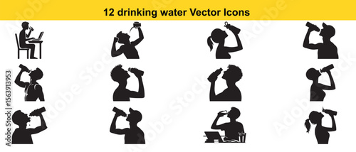 Collection of diverse human silhouettes drinking water isolated on white background silhouette