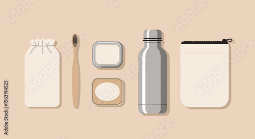 Eco-friendly lifestyle concept: reusable cotton bags, bamboo toothbrush, metal water bottle, and natural soap containers promote sustainable living and zero waste.