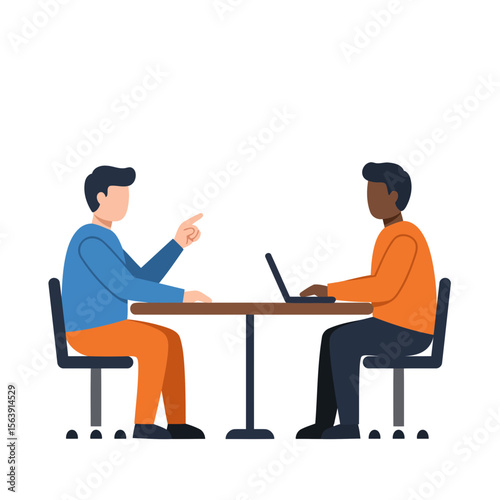 Dialogue and Collaboration: Two individuals engage in focused discussion, perhaps a brainstorming session or work-related meeting, each actively contributing at the table.