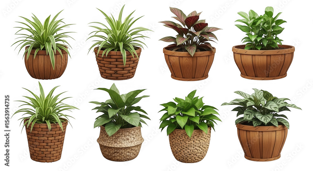 Fototapeta premium Variety of Indoor Plants in Decorative Pots for Home and Office Decor, isolated on a transparent background