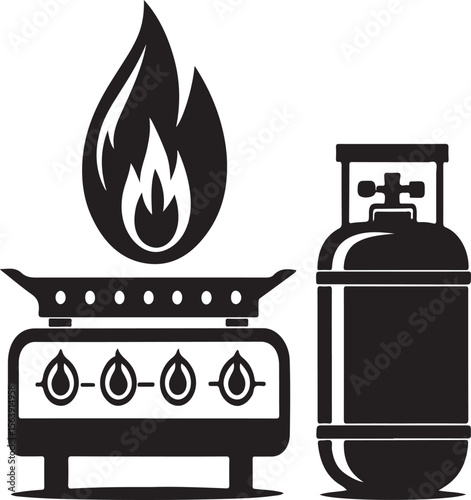 Black and white illustration of a propane gas grill with flames and a cylinder