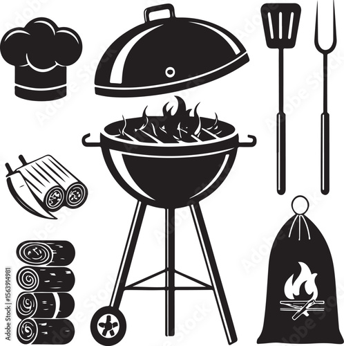 Black and white bbq grill illustration with cooking utensils and related items