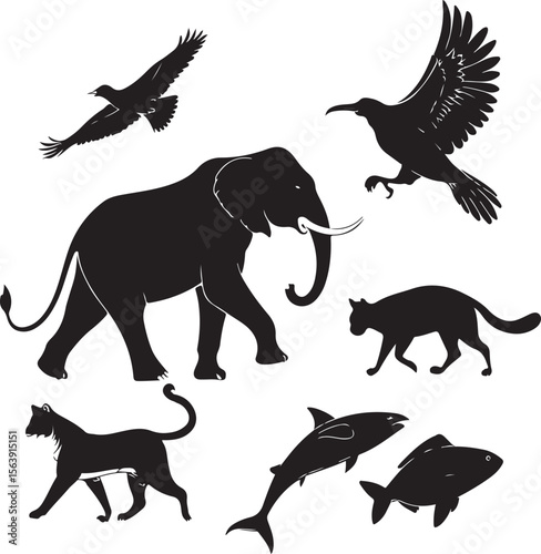 Silhouetted animals illustration featuring elephant birds cats sharks and various fish species