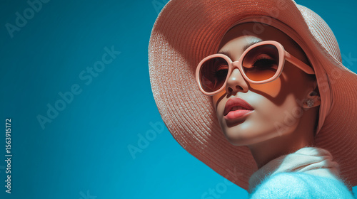 A stylish woman in a wide-brimmed hat and oversized sunglasses poses confidently against a blue background.