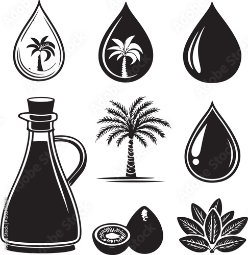 Vector illustration of palm oil related elements and nature design icons in black and white