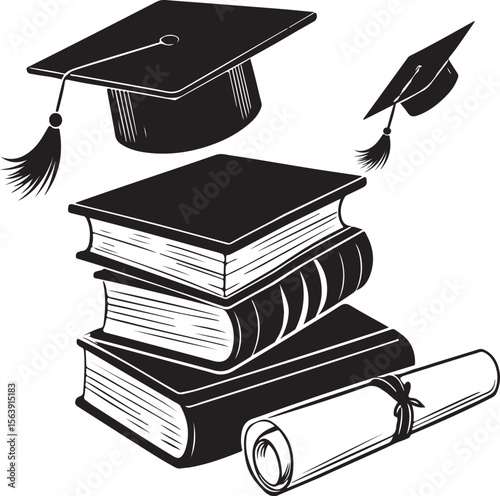 Academic graduation elements books mortarboard certificate scroll black and white vector illustration