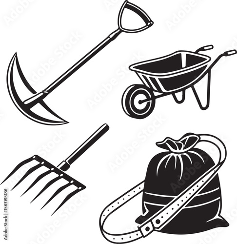 Vector illustration of gardening tools including hoe wheelbarrow pitchfork and sack