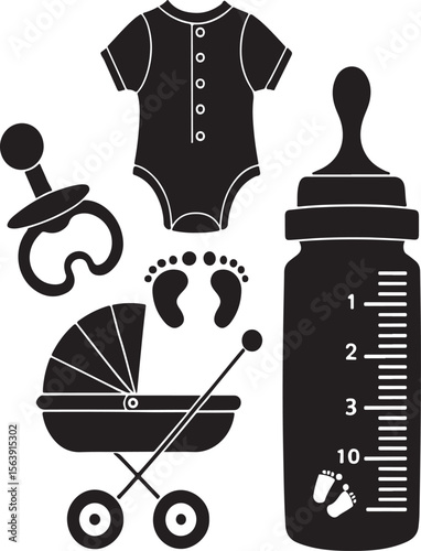 Black and white baby items illustration including stroller bottle and baby clothes isolated on white