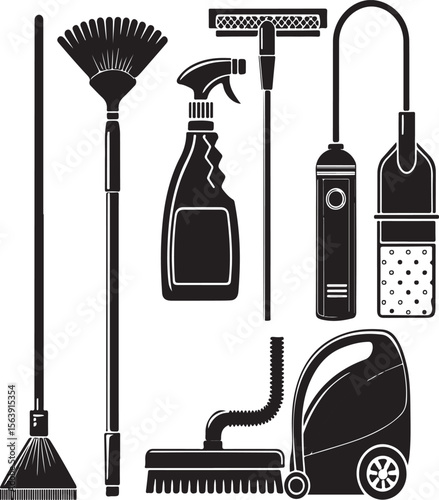 Black and white illustration of cleaning tools and supplies for home and office sanitation.