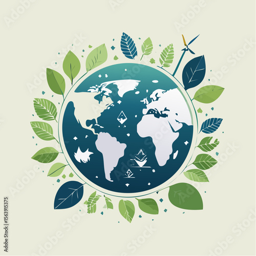 Minimalist poster-style vector of Earth surrounded by green leaves and renewable icons
