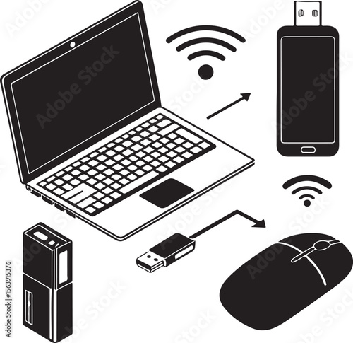 Black and white isometric illustration of laptop wireless devices and computer accessories
