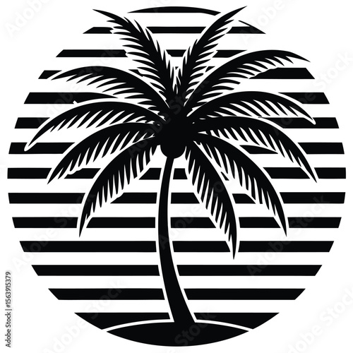Stylized black silhouette of a palm tree with lush fronds against a circular background of horizontal black stripes isolated on transparent backgroundAdobe Illustrator Artwork