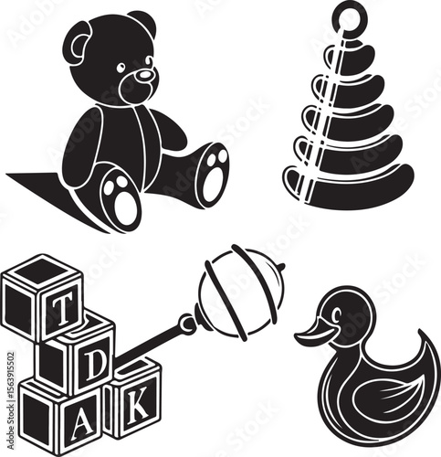 Classic black and white illustrations of baby toys including bear duck and block set