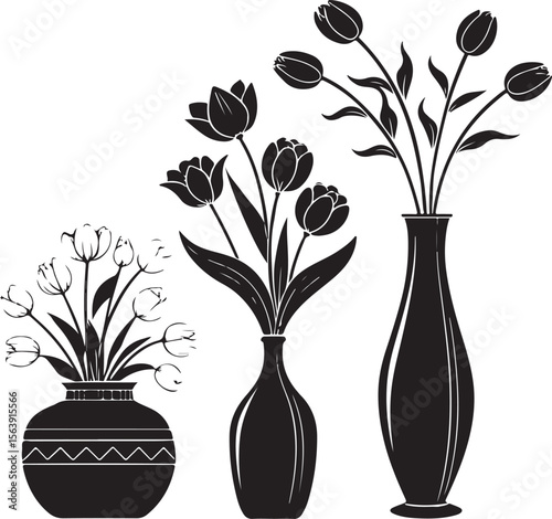 Elegant black and white silhouettes of tulips in vases for decorative design elements