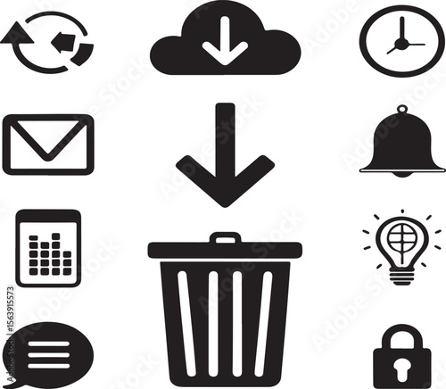 Collection of black and white icons representing various applications and actions for modern design