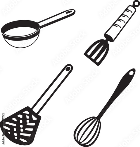 Kitchen utensils line art illustration featuring ladle whisk spatula and scraper tools