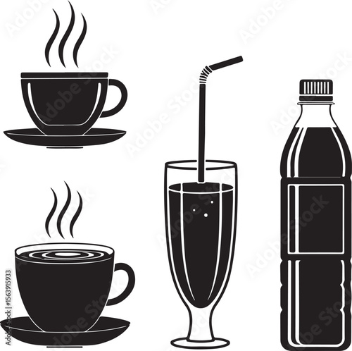 Simple black and white drink illustrations featuring cups bottles and glass with straw