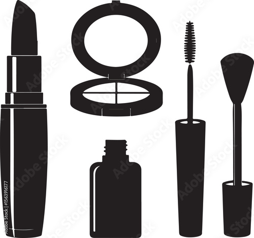Black and white beauty tools illustration featuring lipstick makeup eyeshadow mascara and brush