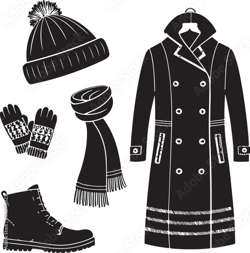 Black and white winter clothing elements collection with coat hat gloves scarf and boots vector