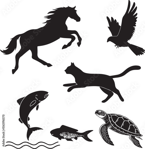 Black silhouettes of various animals including horse eagle cat fish and turtle on white background