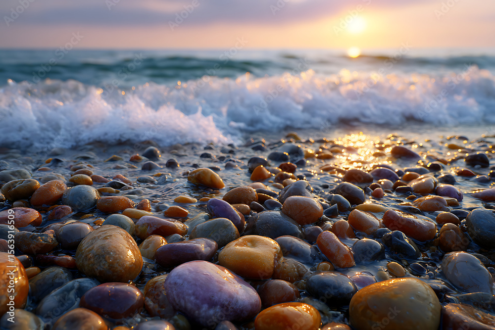 Obraz premium Smooth colorful pebbles washed by gentle ocean waves at sunset beach