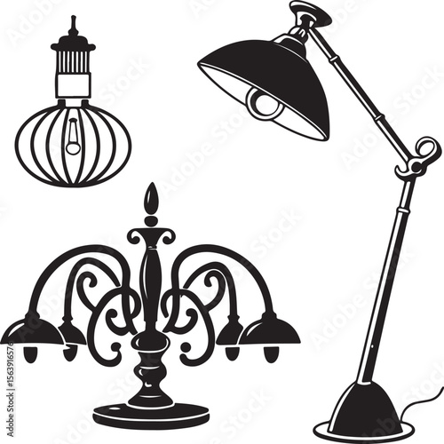 Elegant black and white illustrations of vintage lamps and decorative lighting fixtures