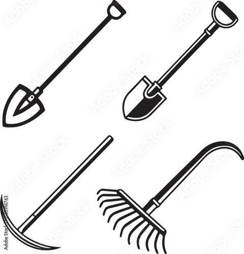 Set of four black and white garden tools vector illustrations for landscaping projects
