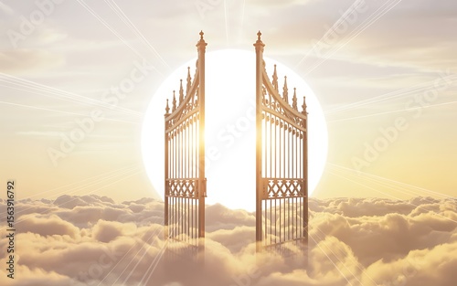 Majestic golden gates of heaven stand open amidst fluffy clouds with a bright sun radiating light beams creating a divine ethereal atmosphere