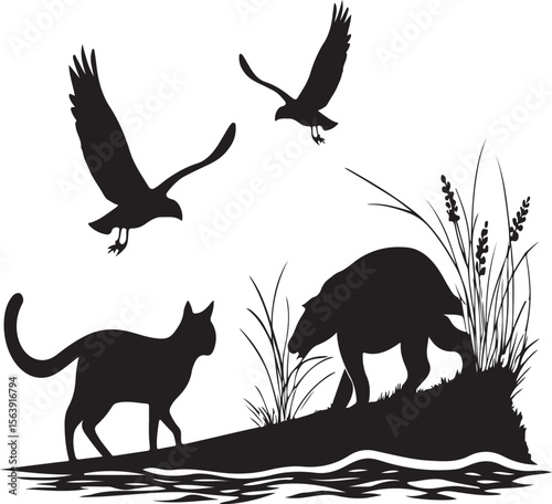 Silhouette illustration depicting cat bird and bear wildlife scene in black and white