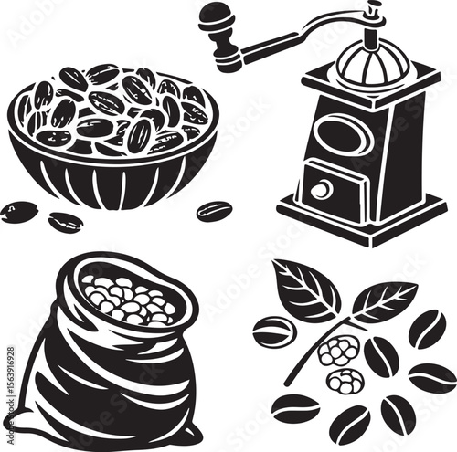 Black and white coffee beans and grinder illustrations for cafe and breakfast designs