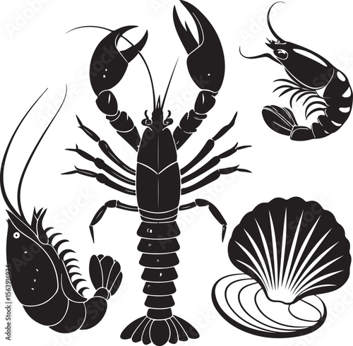 Silhouettes of crustaceans and shellfish seafood set isolated on white background
