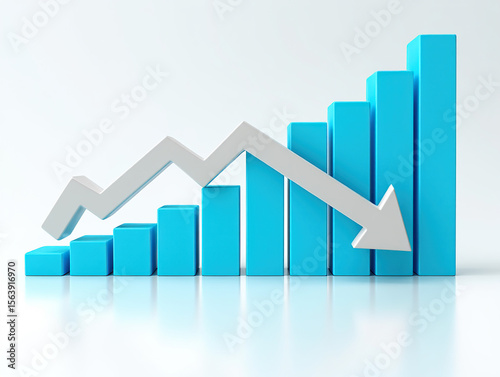 A Declining Bar Graph with a Downward Arrow Depicting Negative Trends, Economic Downturn, and Decreasing Performance on a Clean White Background