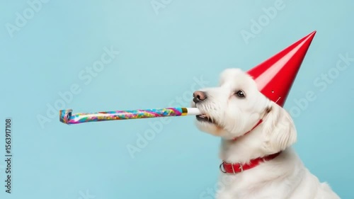 An adorable white dog wearing a red party hat blows a party horn, celebrating a birthday against a light blue background