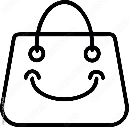 Happy Shopping Bag Icon: Bold Black Outline, Simple Design, Cheerful Mood, Retail Branding, E-commerce Graphic, Positive Vibe, Vector Illustration, Modern Style.