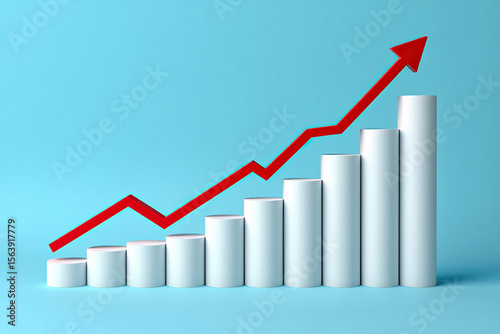 Free Download Ascending Cylinders Chart with Red Arrow on Light Blue Background Depicting Growth and Progress in Business and Finance with a Modern and Clean Aesthetic - GFXLoad