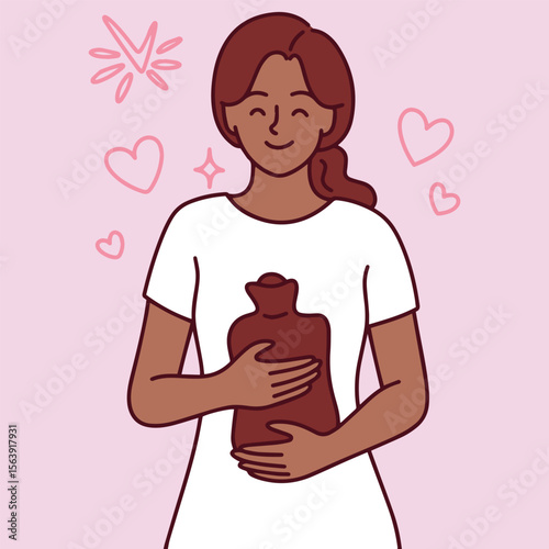 Dark skinned woman hugs hot water bottle against her body to ease menstrual cramps and find comfort during period